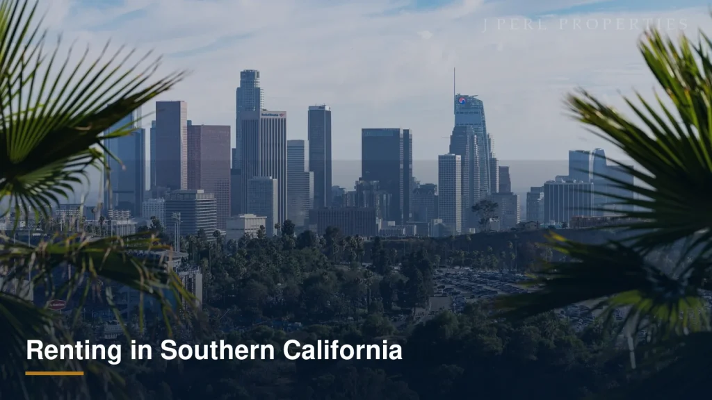 Southern California city skyline framed by palm trees representing the local rental market